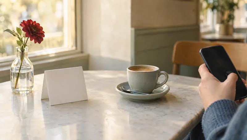 Petit chevalet blanc posé sur une table de café à côté d’une tasse, un client tient son téléphone (illustration)