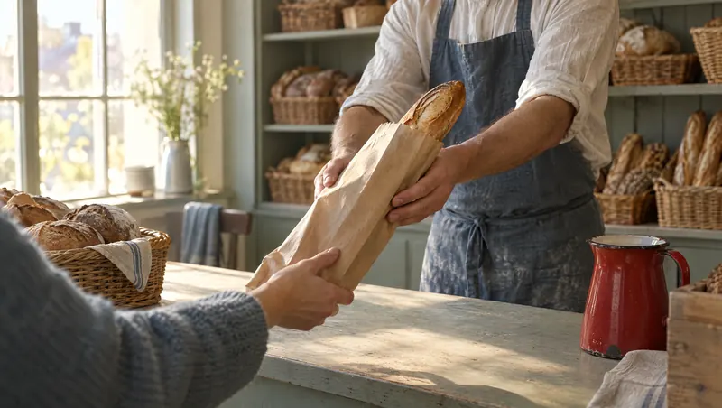 Boulanger tendant une baguette dans un sac en papier par-dessus le comptoir, paniers de pains derrière (illustration)