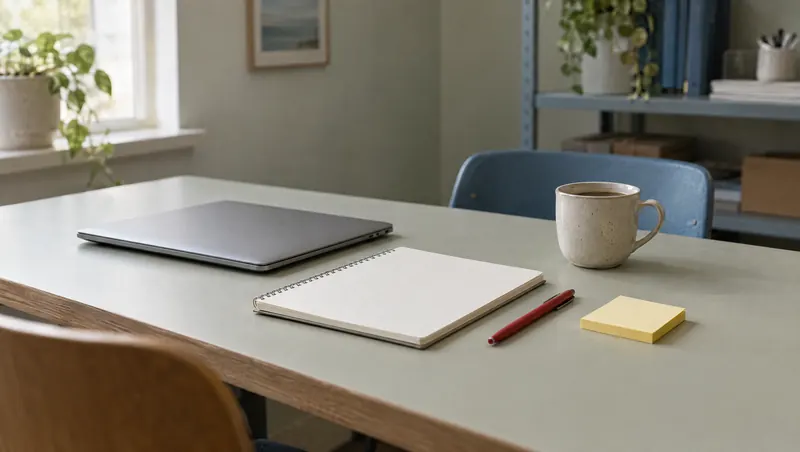 Table de travail avec un ordinateur portable fermé, un carnet, un stylo rouge et des feuillets jaunes (illustration)