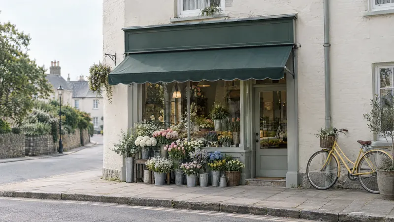 Devanture d’un fleuriste de quartier, seaux de fleurs sur le trottoir et vélo jaune contre le mur (illustration)