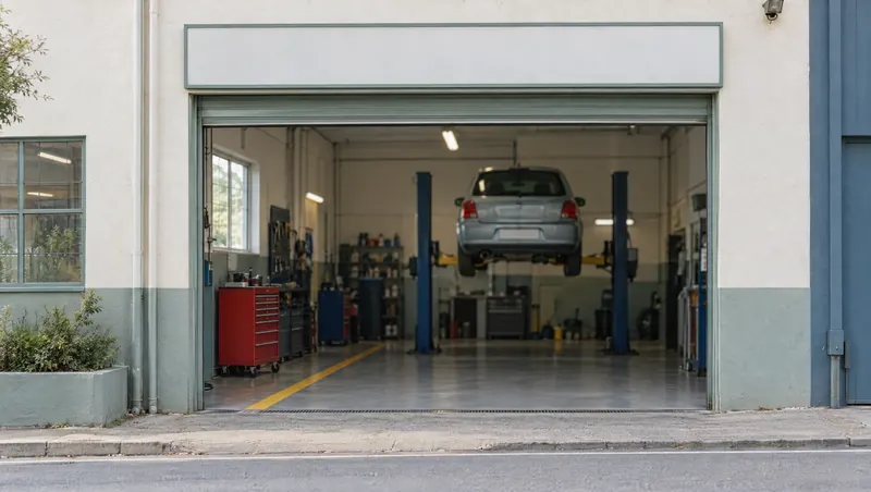 Entrée d’un petit garage automobile, porte relevée, voiture sur un pont élévateur et servante rouge (illustration)