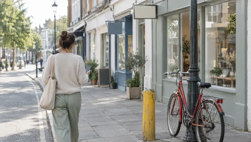Passante vue de dos, téléphone en main, marchant dans une rue de boutiques près d’un vélo rouge (illustration)