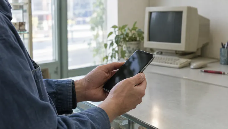 Mains tenant un téléphone récent devant un vieil ordinateur à écran cathodique posé sur un comptoir (illustration)