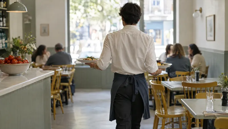 Serveur vu de dos portant deux assiettes dans la salle d’un petit restaurant en plein service (illustration)