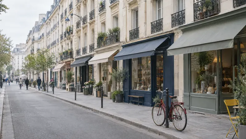 Rue commerçante d’une grande ville, immeubles clairs à balcons en fer forgé et petites boutiques (illustration)
