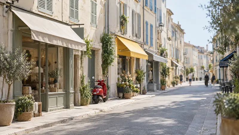 Rue commerçante ensoleillée d’une ville méditerranéenne, stores de boutiques et scooter rouge (illustration)